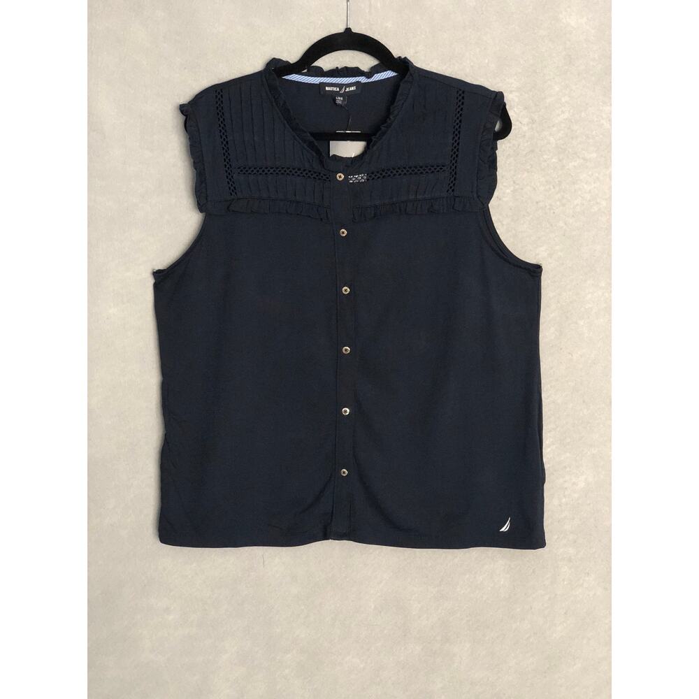 Nautica Jeans Sleeveless Ruffle Top Navy Women's Large NEW
